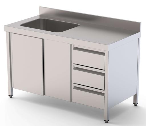 Mesa de Trabajo Acero Inoxidable Mural Con Puertas y Con Cubeta a la Derecha y Cajones 2000x600x850h mm WTW16020RBSDDL