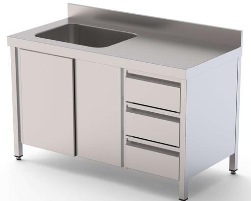 Mesa de Trabajo Acero Inoxidable Mural Con Puertas y Con Cubeta a la Derecha y Cajones 2400x600x850h mm WTW16024RBSDDL