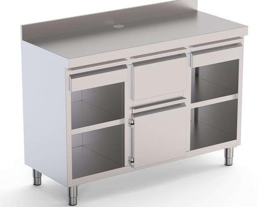 Mueble Cafetero Acero Inoxidable Con Tolva Central, 2 Estante, 1 Puerta y 2 Cajones 1500x600x1050h mm CST60150D2S